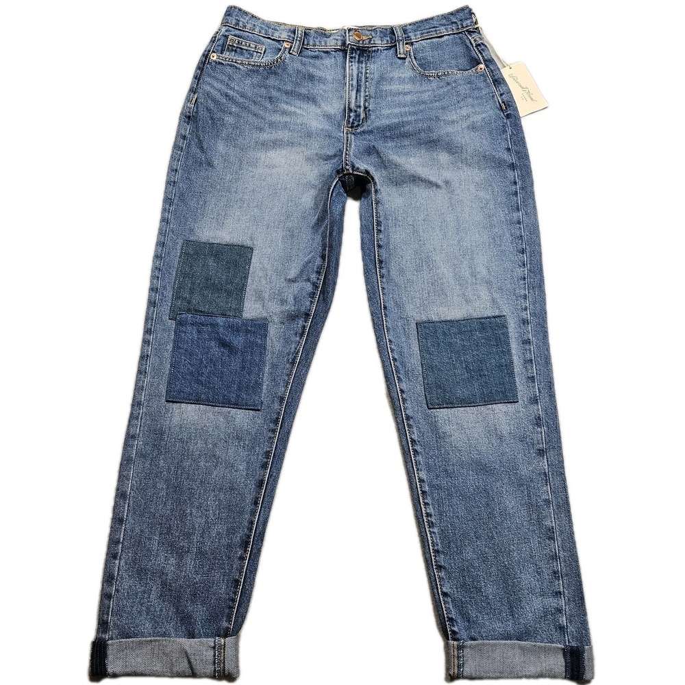 Universal Thread Boyfriend Jeans Womens 2/ 26R Blue Faded Patchwork Knees Rolled